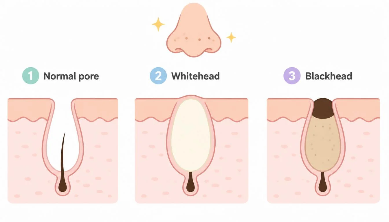 Three cross-section diagrams of skin: a normal open pore with a hair, a whitehead where the pore is plugged and closed over with pale material, and a blackhead where the plug sits open at the surface and its top has turned dark